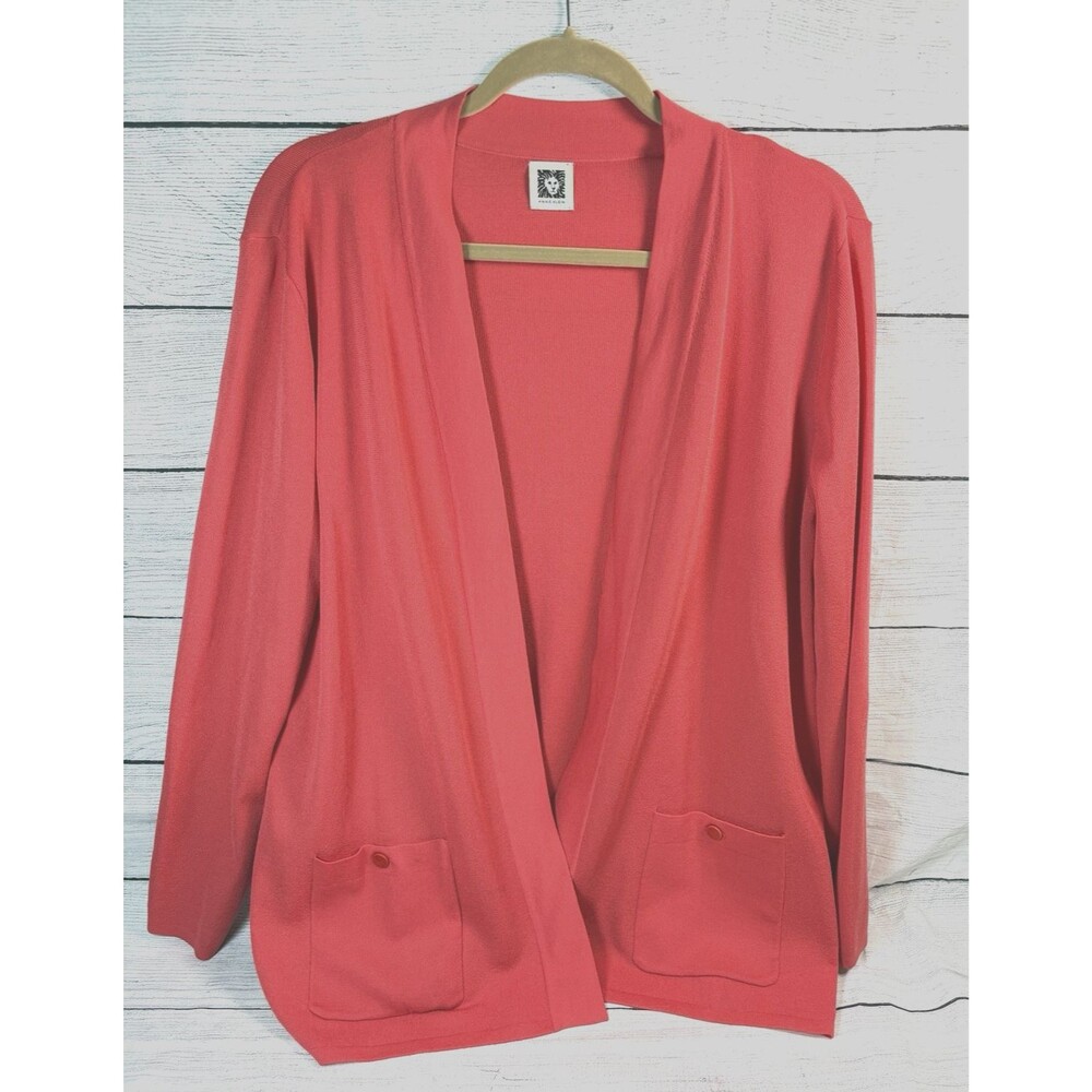 Anne Klein Pocket Cardigan Womens Sz L Salmon Open Front Tight Knit Poly Viscose